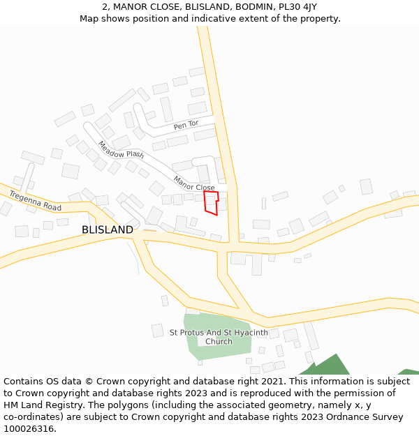 2, MANOR CLOSE, BLISLAND, BODMIN, PL30 4JY: Location map and indicative extent of plot