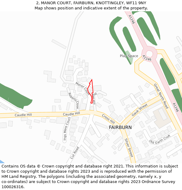 2, MANOR COURT, FAIRBURN, KNOTTINGLEY, WF11 9NY: Location map and indicative extent of plot