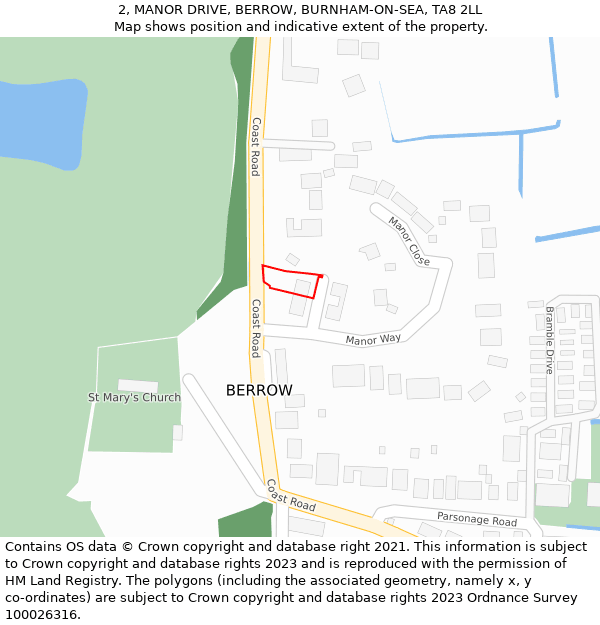 2, MANOR DRIVE, BERROW, BURNHAM-ON-SEA, TA8 2LL: Location map and indicative extent of plot