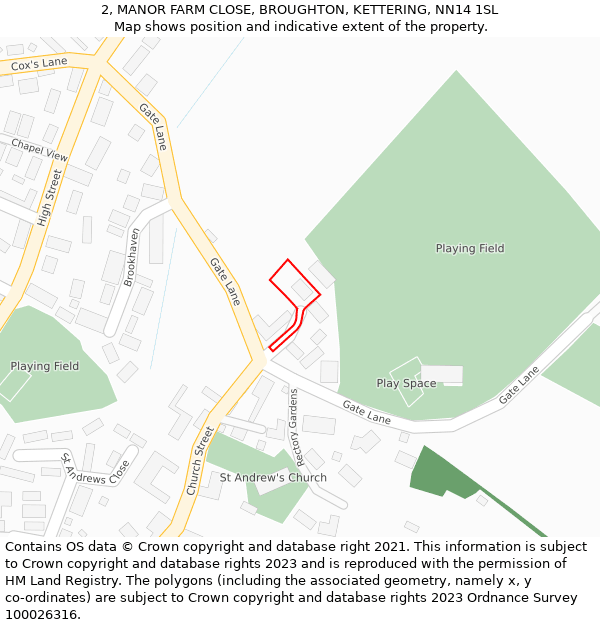2, MANOR FARM CLOSE, BROUGHTON, KETTERING, NN14 1SL: Location map and indicative extent of plot