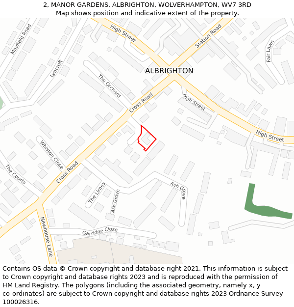 2, MANOR GARDENS, ALBRIGHTON, WOLVERHAMPTON, WV7 3RD: Location map and indicative extent of plot