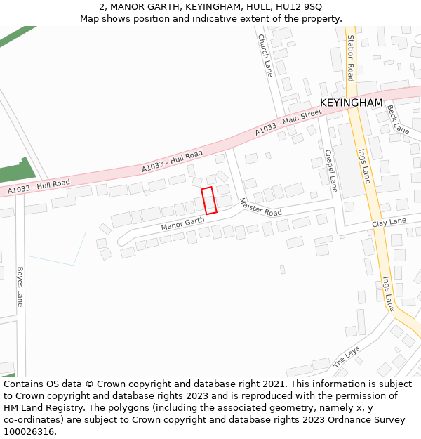 2, MANOR GARTH, KEYINGHAM, HULL, HU12 9SQ: Location map and indicative extent of plot