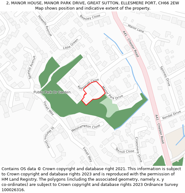 2, MANOR HOUSE, MANOR PARK DRIVE, GREAT SUTTON, ELLESMERE PORT, CH66 2EW: Location map and indicative extent of plot