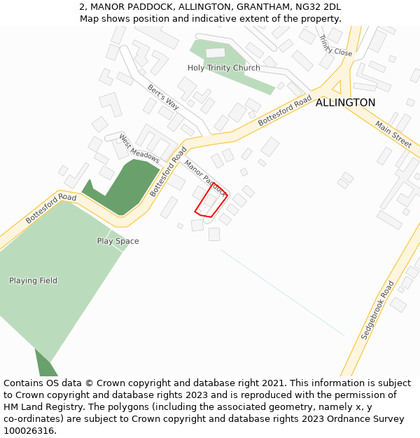 2, MANOR PADDOCK, ALLINGTON, GRANTHAM, NG32 2DL: Location map and indicative extent of plot