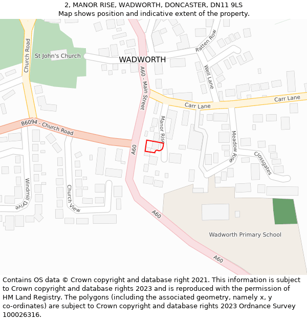 2, MANOR RISE, WADWORTH, DONCASTER, DN11 9LS: Location map and indicative extent of plot