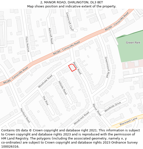 2, MANOR ROAD, DARLINGTON, DL3 8ET: Location map and indicative extent of plot