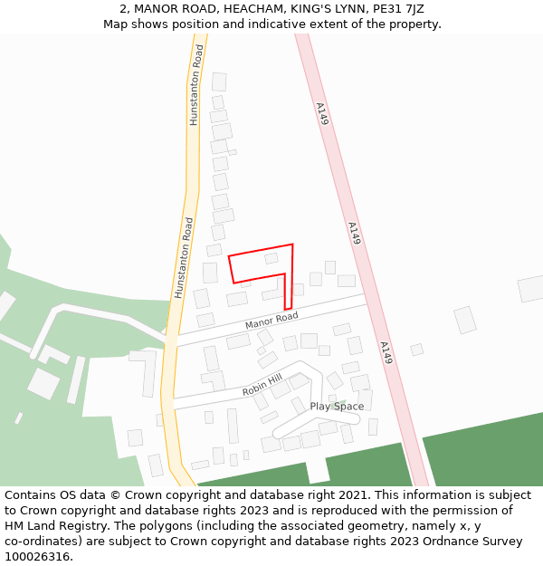 2, MANOR ROAD, HEACHAM, KING'S LYNN, PE31 7JZ: Location map and indicative extent of plot