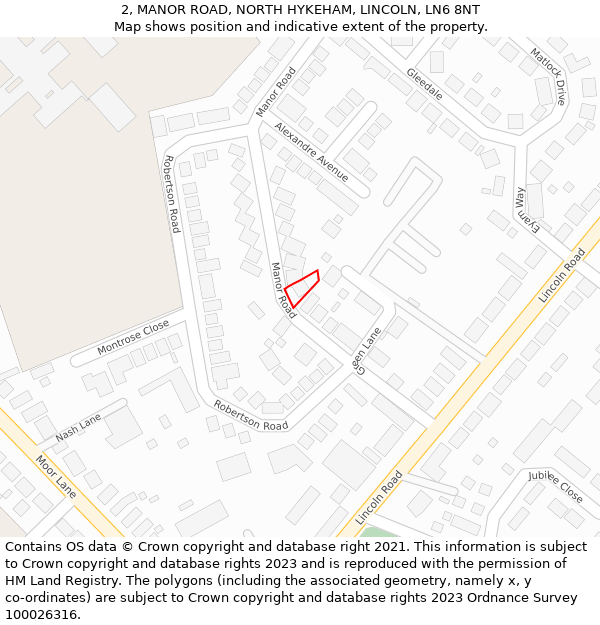 2, MANOR ROAD, NORTH HYKEHAM, LINCOLN, LN6 8NT: Location map and indicative extent of plot