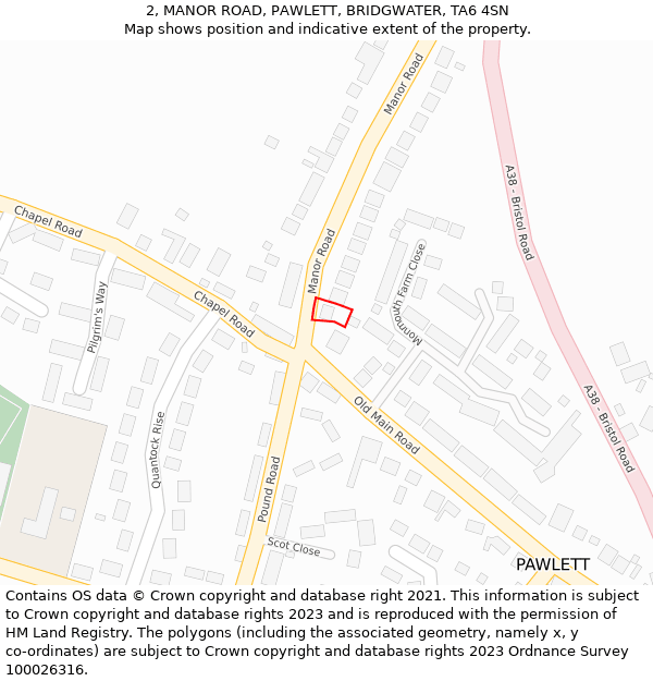 2, MANOR ROAD, PAWLETT, BRIDGWATER, TA6 4SN: Location map and indicative extent of plot