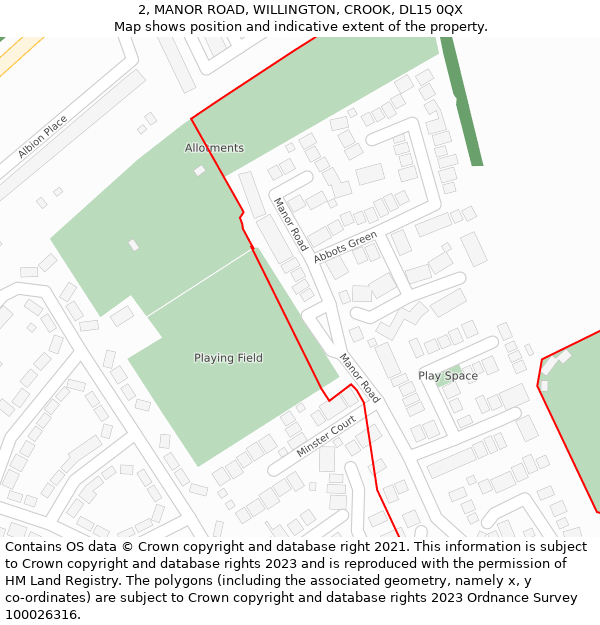 2, MANOR ROAD, WILLINGTON, CROOK, DL15 0QX: Location map and indicative extent of plot