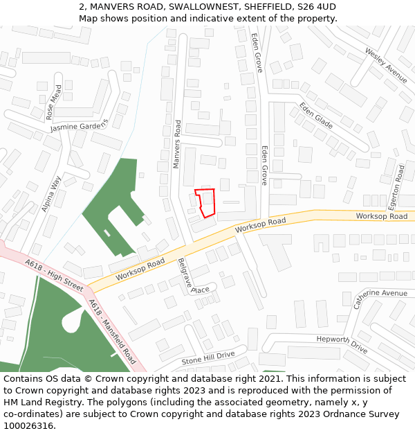 2, MANVERS ROAD, SWALLOWNEST, SHEFFIELD, S26 4UD: Location map and indicative extent of plot
