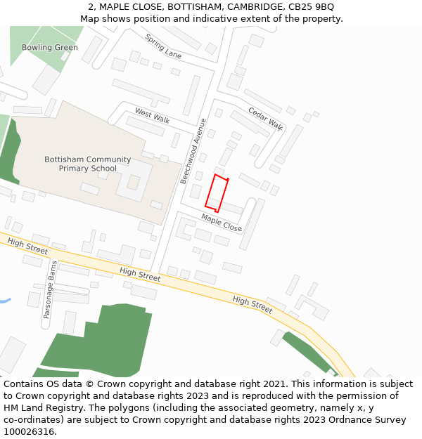 2, MAPLE CLOSE, BOTTISHAM, CAMBRIDGE, CB25 9BQ: Location map and indicative extent of plot