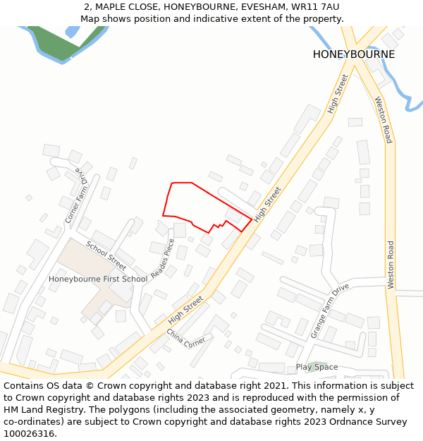 2, MAPLE CLOSE, HONEYBOURNE, EVESHAM, WR11 7AU: Location map and indicative extent of plot