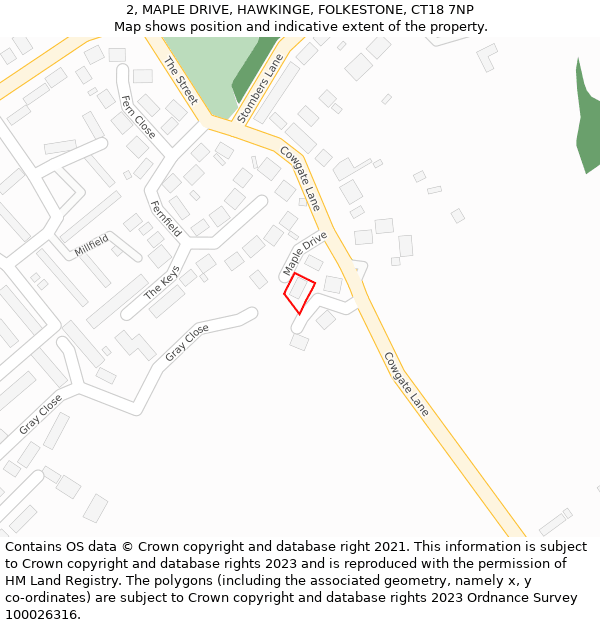 2, MAPLE DRIVE, HAWKINGE, FOLKESTONE, CT18 7NP: Location map and indicative extent of plot