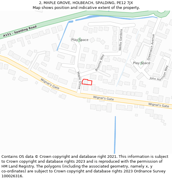 2, MAPLE GROVE, HOLBEACH, SPALDING, PE12 7JX: Location map and indicative extent of plot