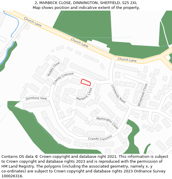 2, MARBECK CLOSE, DINNINGTON, SHEFFIELD, S25 2XL: Location map and indicative extent of plot