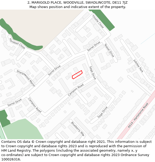 2, MARIGOLD PLACE, WOODVILLE, SWADLINCOTE, DE11 7JZ: Location map and indicative extent of plot