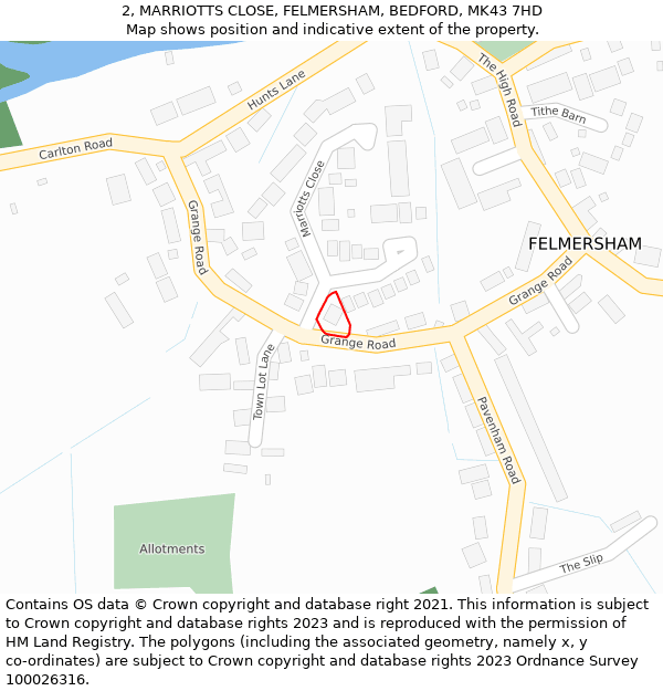 2, MARRIOTTS CLOSE, FELMERSHAM, BEDFORD, MK43 7HD: Location map and indicative extent of plot