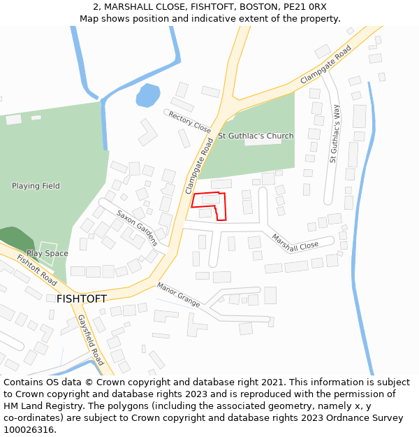 2, MARSHALL CLOSE, FISHTOFT, BOSTON, PE21 0RX: Location map and indicative extent of plot