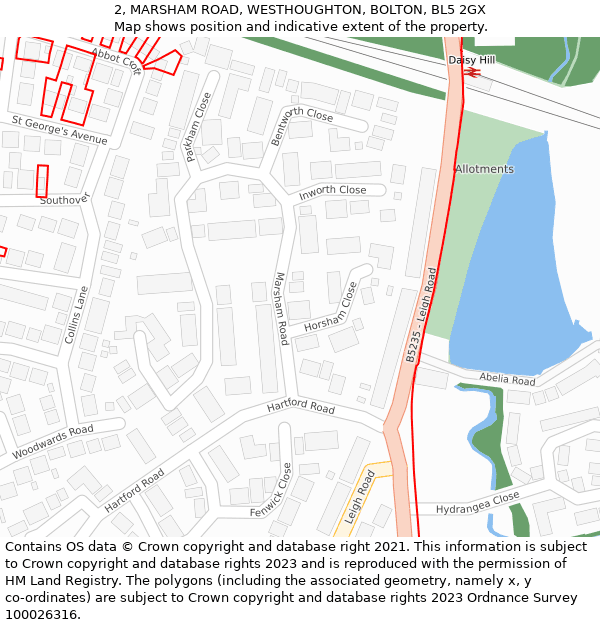 2, MARSHAM ROAD, WESTHOUGHTON, BOLTON, BL5 2GX: Location map and indicative extent of plot