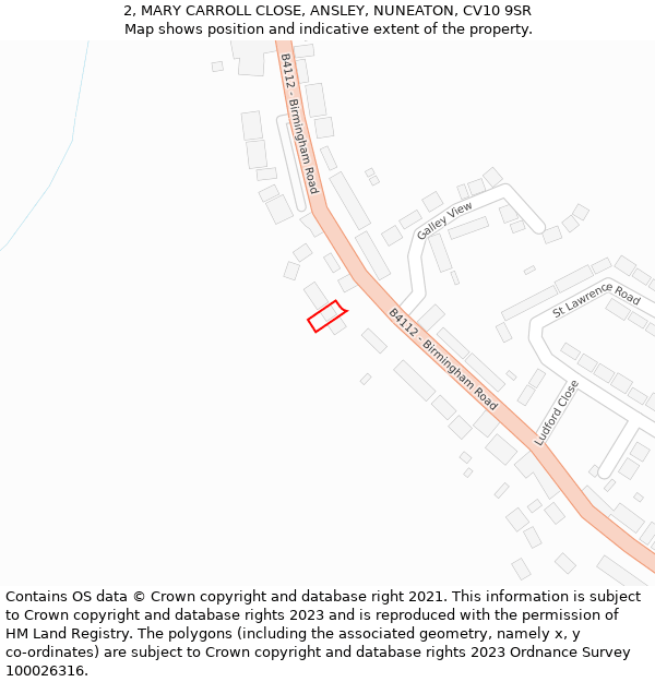 2, MARY CARROLL CLOSE, ANSLEY, NUNEATON, CV10 9SR: Location map and indicative extent of plot