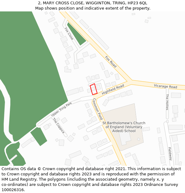 2, MARY CROSS CLOSE, WIGGINTON, TRING, HP23 6QL: Location map and indicative extent of plot