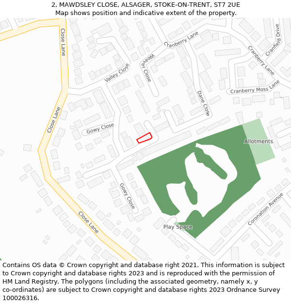 2, MAWDSLEY CLOSE, ALSAGER, STOKE-ON-TRENT, ST7 2UE: Location map and indicative extent of plot