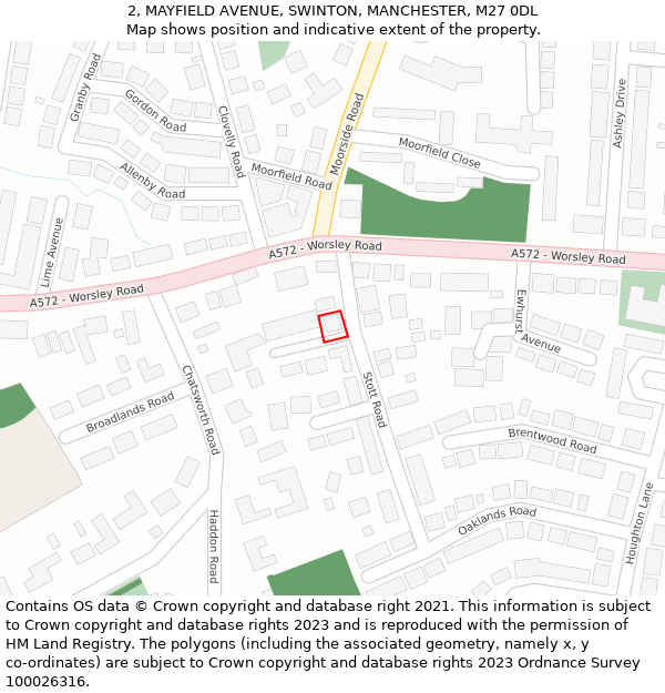 2, MAYFIELD AVENUE, SWINTON, MANCHESTER, M27 0DL: Location map and indicative extent of plot