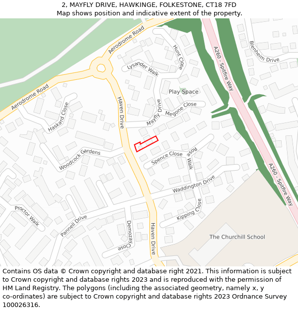 2, MAYFLY DRIVE, HAWKINGE, FOLKESTONE, CT18 7FD: Location map and indicative extent of plot