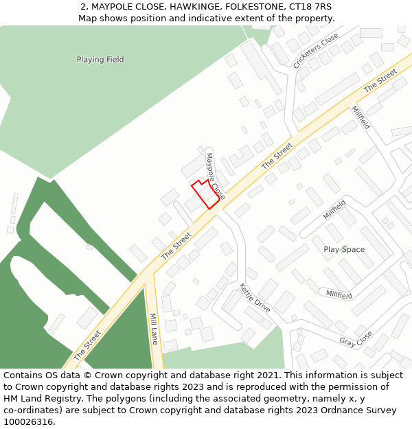 2, MAYPOLE CLOSE, HAWKINGE, FOLKESTONE, CT18 7RS: Location map and indicative extent of plot