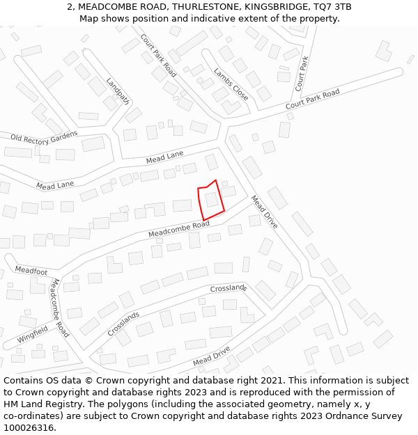2, MEADCOMBE ROAD, THURLESTONE, KINGSBRIDGE, TQ7 3TB: Location map and indicative extent of plot