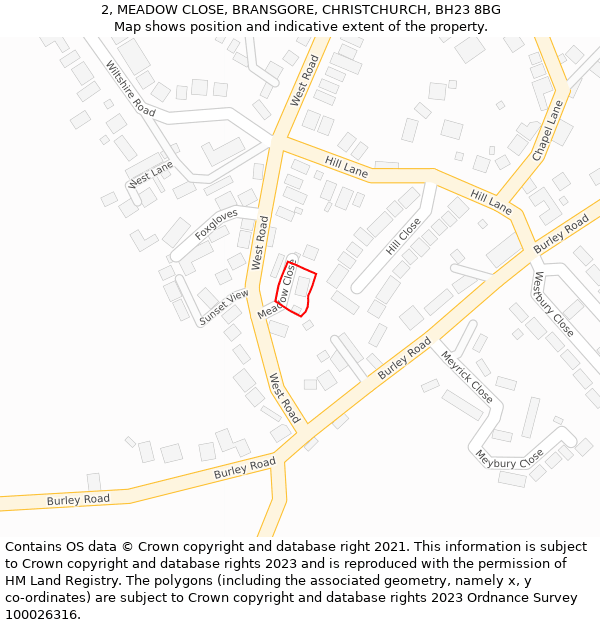 2, MEADOW CLOSE, BRANSGORE, CHRISTCHURCH, BH23 8BG: Location map and indicative extent of plot