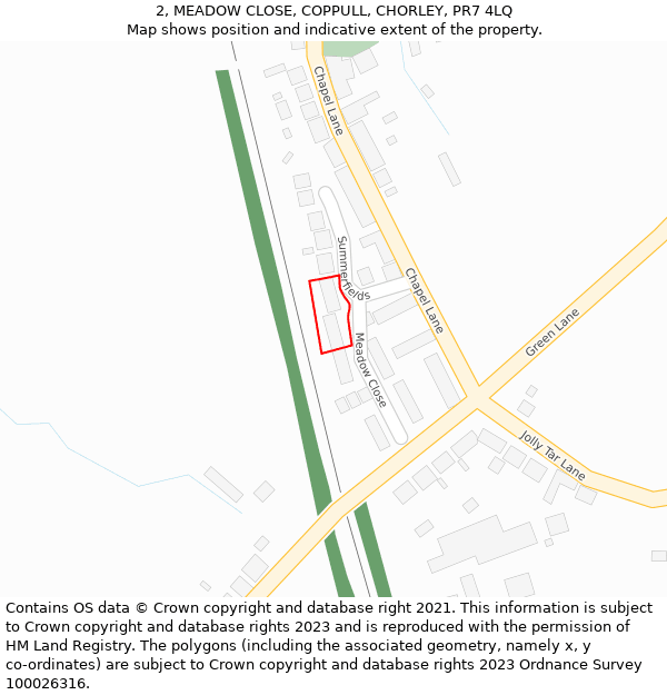 2, MEADOW CLOSE, COPPULL, CHORLEY, PR7 4LQ: Location map and indicative extent of plot