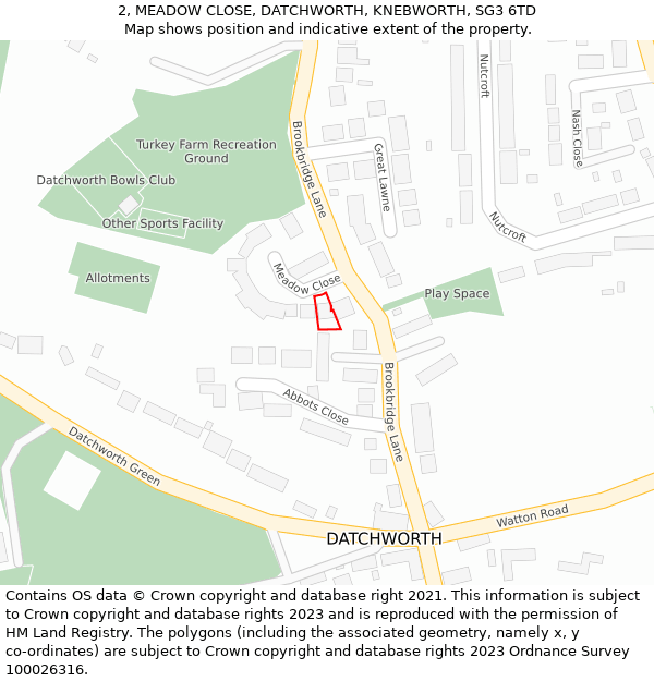 2, MEADOW CLOSE, DATCHWORTH, KNEBWORTH, SG3 6TD: Location map and indicative extent of plot