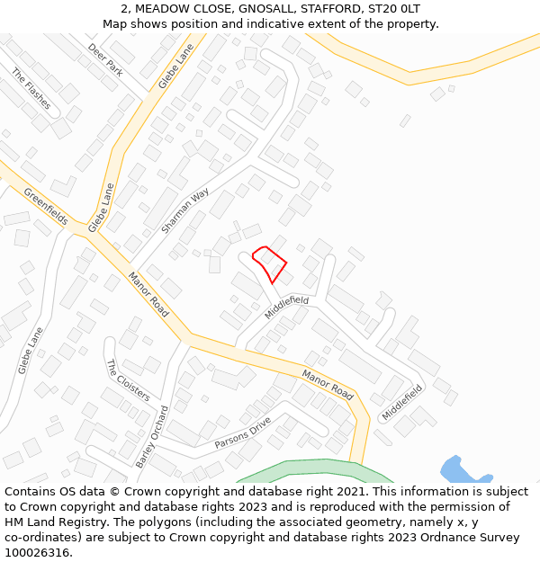 2, MEADOW CLOSE, GNOSALL, STAFFORD, ST20 0LT: Location map and indicative extent of plot