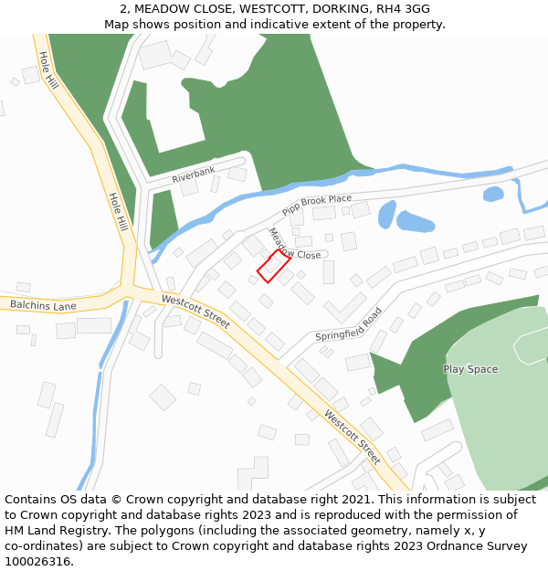 2, MEADOW CLOSE, WESTCOTT, DORKING, RH4 3GG: Location map and indicative extent of plot