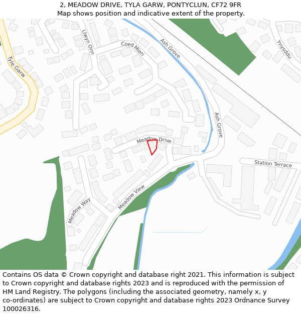 2, MEADOW DRIVE, TYLA GARW, PONTYCLUN, CF72 9FR: Location map and indicative extent of plot