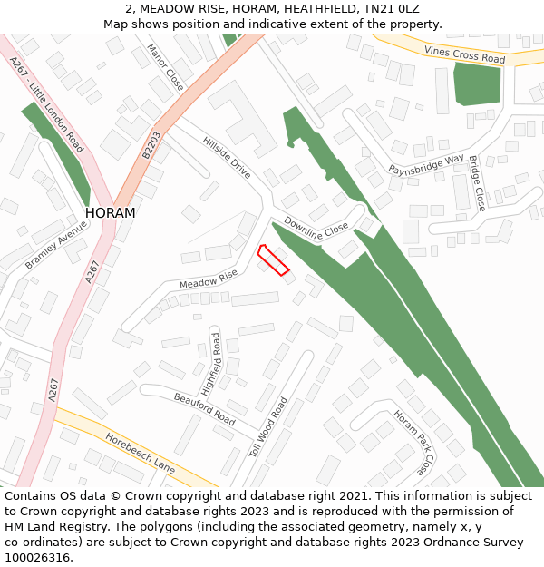 2, MEADOW RISE, HORAM, HEATHFIELD, TN21 0LZ: Location map and indicative extent of plot