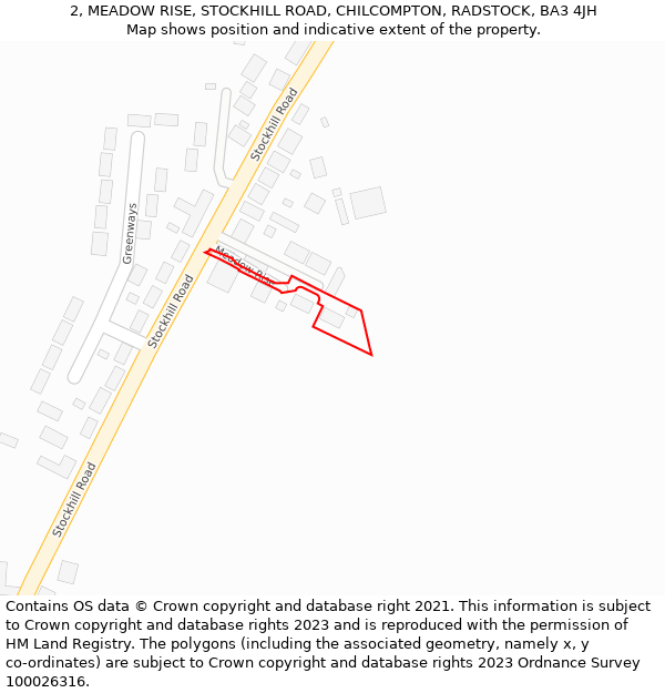 2, MEADOW RISE, STOCKHILL ROAD, CHILCOMPTON, RADSTOCK, BA3 4JH: Location map and indicative extent of plot