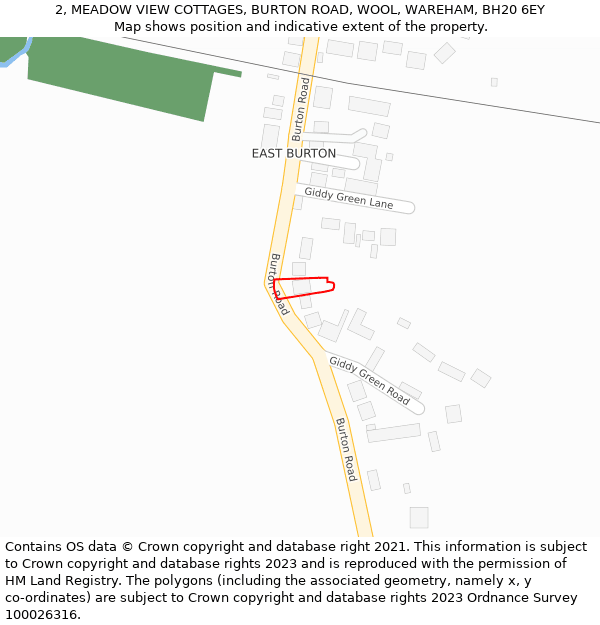2, MEADOW VIEW COTTAGES, BURTON ROAD, WOOL, WAREHAM, BH20 6EY: Location map and indicative extent of plot