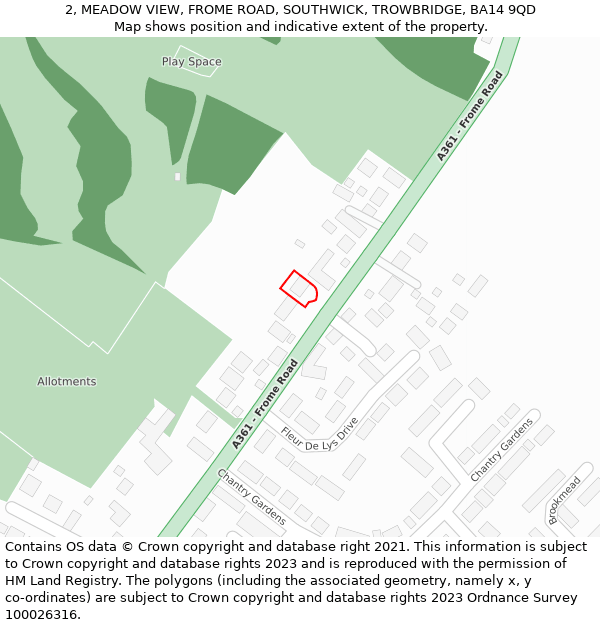 2, MEADOW VIEW, FROME ROAD, SOUTHWICK, TROWBRIDGE, BA14 9QD: Location map and indicative extent of plot