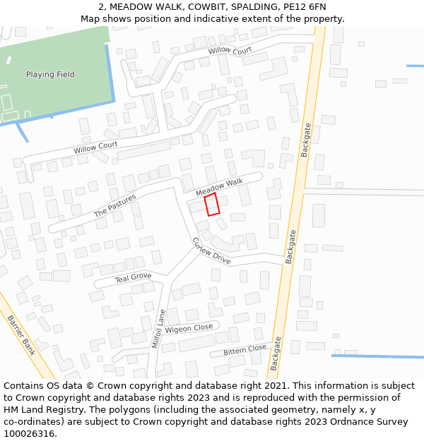 2, MEADOW WALK, COWBIT, SPALDING, PE12 6FN: Location map and indicative extent of plot