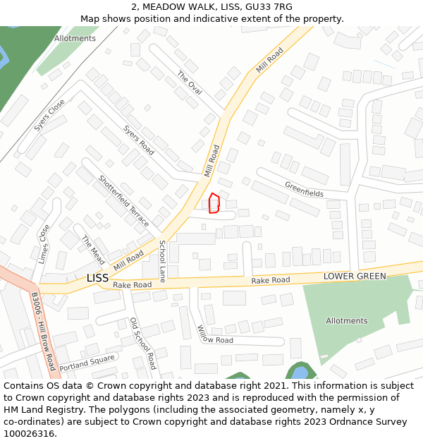 2, MEADOW WALK, LISS, GU33 7RG: Location map and indicative extent of plot