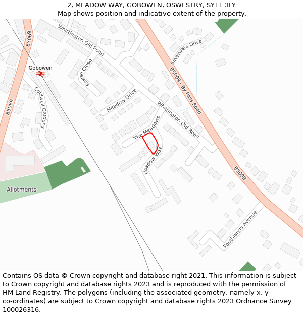 2, MEADOW WAY, GOBOWEN, OSWESTRY, SY11 3LY: Location map and indicative extent of plot