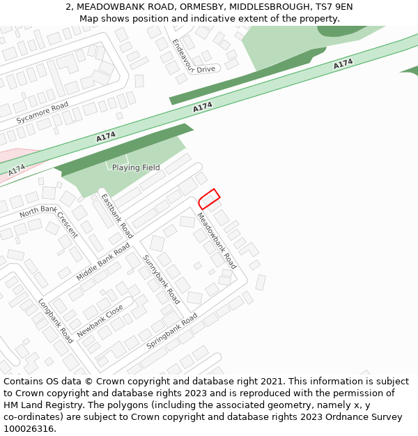 2, MEADOWBANK ROAD, ORMESBY, MIDDLESBROUGH, TS7 9EN: Location map and indicative extent of plot