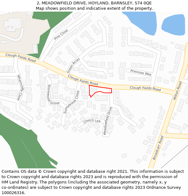 2, MEADOWFIELD DRIVE, HOYLAND, BARNSLEY, S74 0QE: Location map and indicative extent of plot