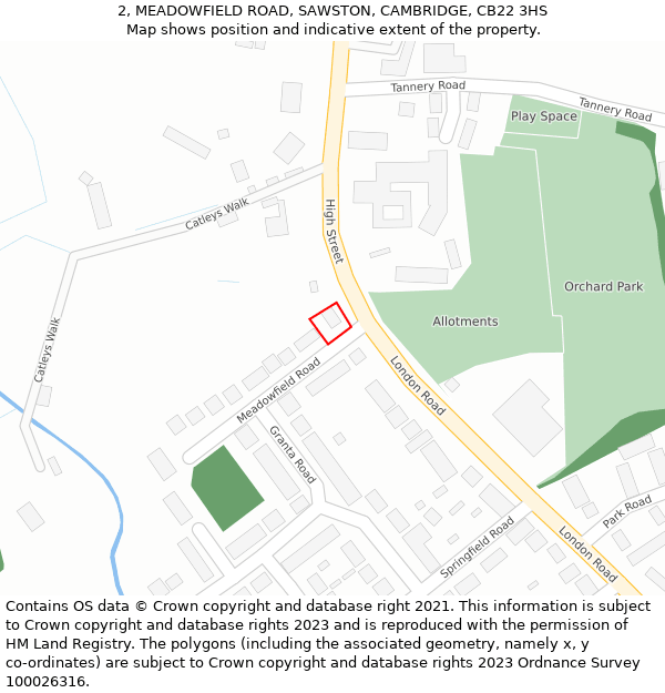 2, MEADOWFIELD ROAD, SAWSTON, CAMBRIDGE, CB22 3HS: Location map and indicative extent of plot