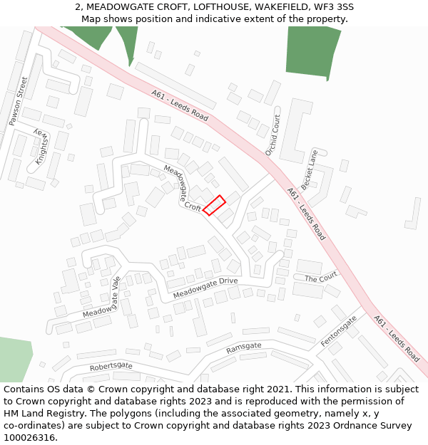 2, MEADOWGATE CROFT, LOFTHOUSE, WAKEFIELD, WF3 3SS: Location map and indicative extent of plot