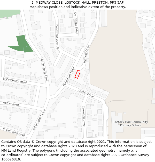 2, MEDWAY CLOSE, LOSTOCK HALL, PRESTON, PR5 5AF: Location map and indicative extent of plot