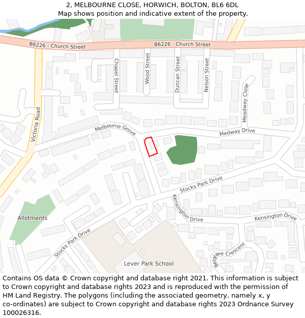 2, MELBOURNE CLOSE, HORWICH, BOLTON, BL6 6DL: Location map and indicative extent of plot